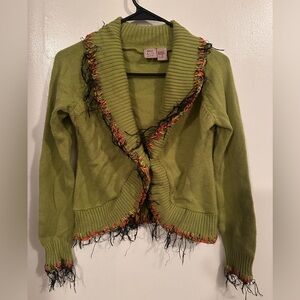 STO / susquehanna trail outfitter green multi color fringe cardigan